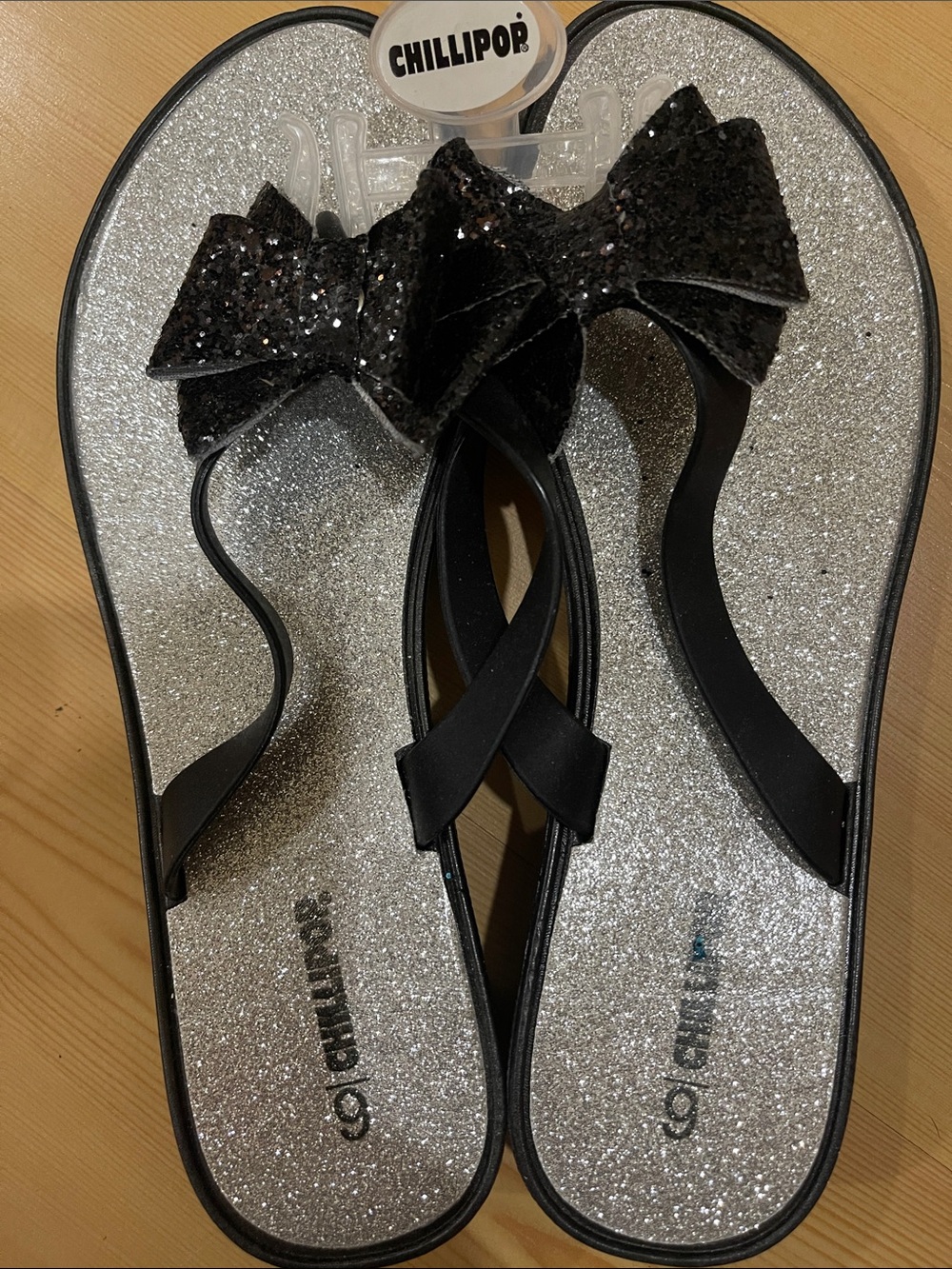 Women's Black Glitter Bow Sandals